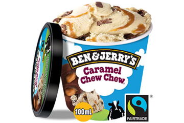Ben & Jerrys Karamel Chew Chew - 100 ml Karamell-Eiscreme verstrudelt mit Karamellsauce und mit kakaohaltiger Glasur überzogenen Karamellstücken